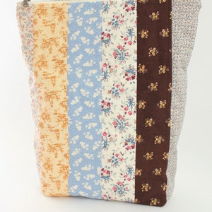 Tall Fold Over Quilted Zipper Pouch, Patchwork Stripes, Sepia Tones, Teal Floral Print, Cream Zipper image 2