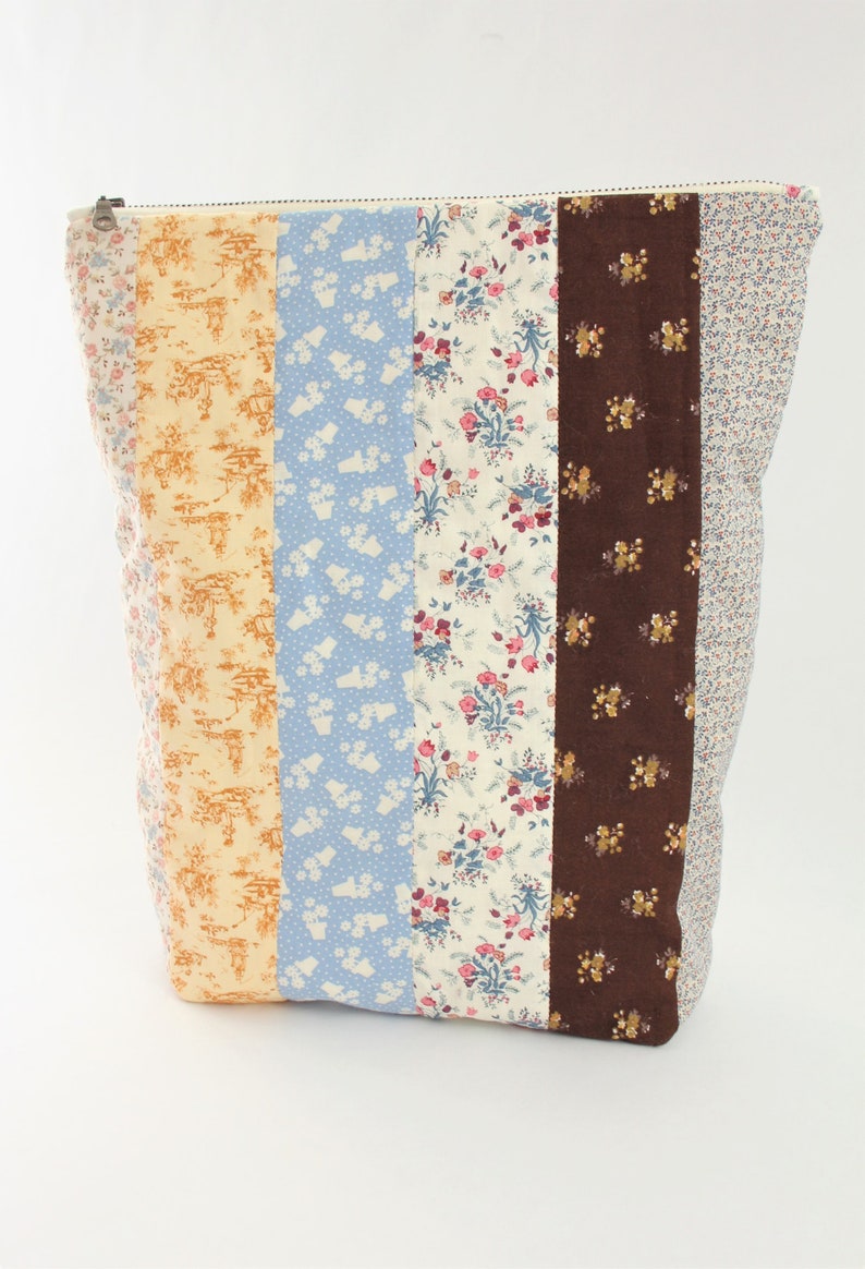 Tall Fold Over Quilted Zipper Pouch, Patchwork Stripes, Sepia Tones, Teal Floral Print, Cream Zipper image 2