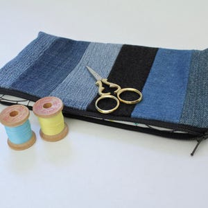 Striped Zipper Pouch, Upcycled Denim, Bluebird Lining image 4