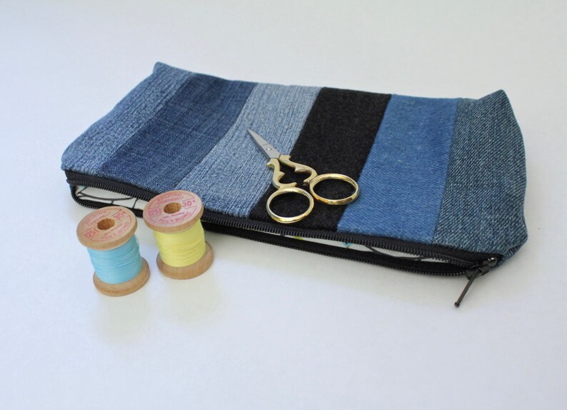Striped Zipper Pouch, Upcycled Denim, Bluebird Lining image 4