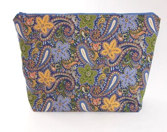 Large Zipper Pouch, Sweater Knitting Bag with Interior Pocket, Blue Paisley