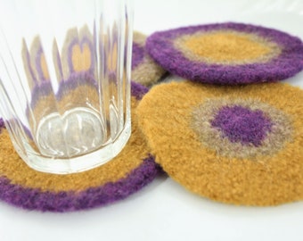 Coasters - Hand-knit Felted Wool - Heather, Gold, Tan _ Kimber