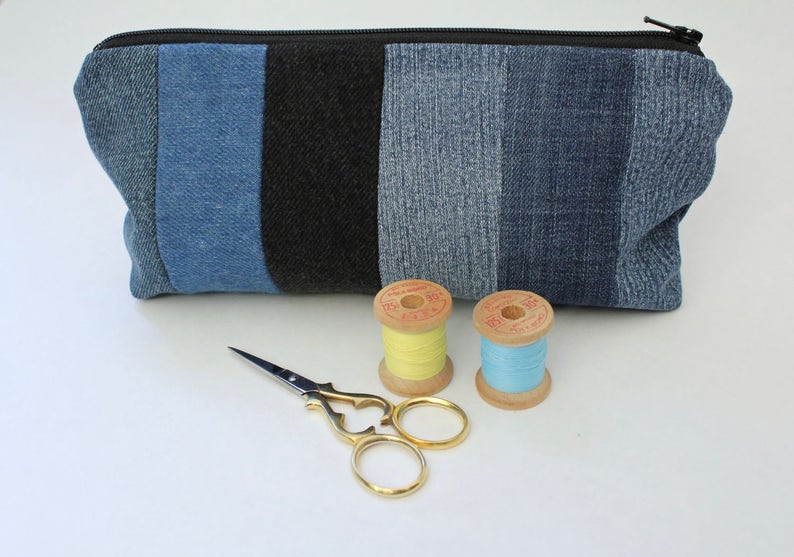 Striped Zipper Pouch, Upcycled Denim, Bluebird Lining image 1