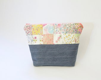 Quilted Zipper Pouch, Liberty of London Patchwork, Tall Medium Size, Upcycled Denim, Light Pink Zipper