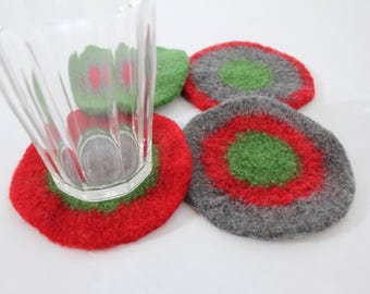 Coasters - Hand-knit Felted Wool  - Cherry, Green, Gray, Merry