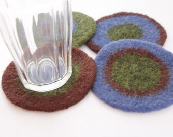 Coasters - Hand-knit Felted Wool  - Olive, Blue, Brown - Majel