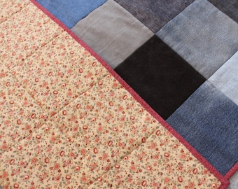 Modern Rustic Throw Quilt from Upcycled Denim - Floral Backing - Taupe, Red, Blue