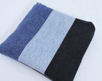 Change Purse / Upcycled Denim / Mask Pouch / Loyalty Card Holder / Business Card Holder / Red Floral Calico Lining