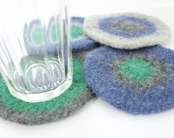 Coasters - Hand-knit Felted Wool  - Blue, Green, Gray - Rebecca