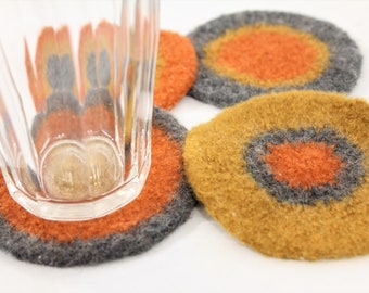 Coasters - Hand-knit Felted Wool - Orange, Gold, Gray, Rikki