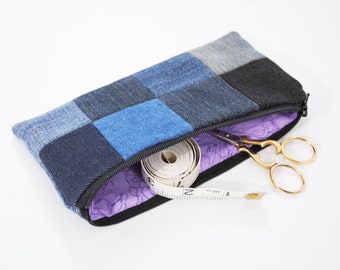 Patchwork Zipper Pouch, Upcycled Denim, Purple Daisy