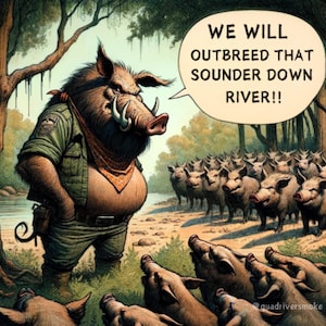 Puede incluir: Ilustración de un jabalí antropomórfico con uniforme verde y pañuelo rojo, con un bocadillo que dice "¡VAMOS A SUPERAR A ESA PIARA RÍO ABAJO!". Un grupo de jabalíes en el fondo.