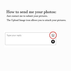 May include: White background with text: "How to send me your photos: Just contact me to submit your pictures. The Upload Image icon allows you to attach your pictures." Below is a text box with "Type your reply" and an upload image icon.