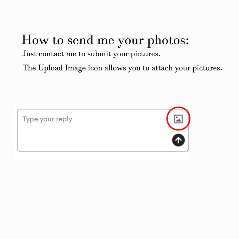 May include: White background with text: "How to send me your photos: Just contact me to submit your pictures. The Upload Image icon allows you to attach your pictures." Below is a text box with "Type your reply" and an upload image icon.