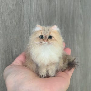 Könnte beinhalten: Eine kleine, handgefertigte Katzenfigur aus Nadelfilz mit langem, flauschigem beigem und weißem Fell, dunklen Augen und einer rosa Nase. Die Miniaturkatze hat detaillierte Schnurrhaare und eine weiche Textur, die eine Langhaarkatze darstellt.