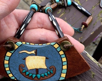 Norse Talisman Hand Painted Ship With Stone Beaded Necklace
