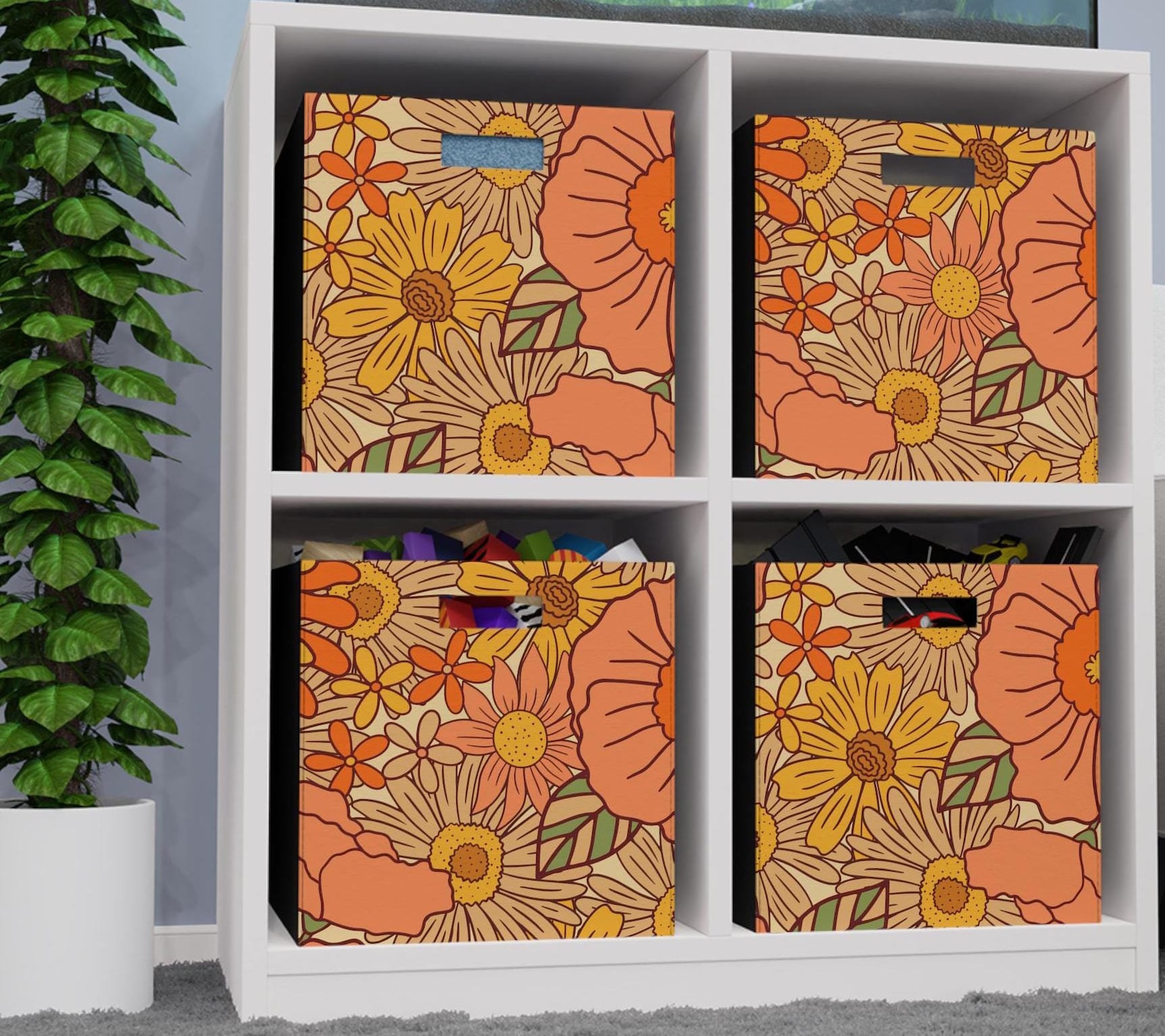 Retro 70s Floral Printed Felt Storage Boxes 