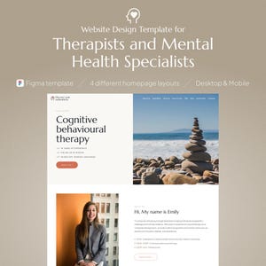 Könnte beinhalten: Website-Design-Vorlage für Therapeuten und Fachkräfte für psychische Gesundheit. Die Vorlage enthält eine Homepage mit einem Foto einer Frau und einem Steinhaufen am Strand. Der Text "Entdecke deine Authentizität" und "Kognitive Verhaltenstherapie" wird auf der Seite angezeigt.