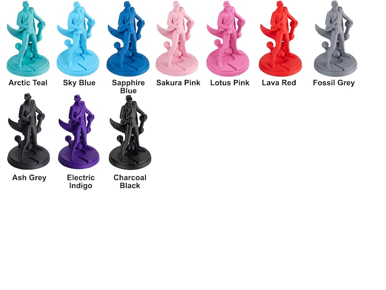 K&ouml;nnte beinhalten: Satz von zehn Miniaturfiguren in verschiedenen Farben, darunter arktisches Teal, Himmelblau, Saphirblau, Sakura-Rosa, Lotus-Rosa, Lava-Rot, Fossilgrau, Aschgrau, elektrisches Indigo und Anthrazit.