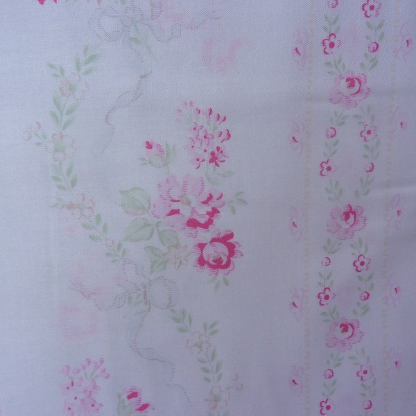 Yuwa Fabric Antique French PINK Roses Faded Ticking Garlands Pink Roses with Mint leaves on True White