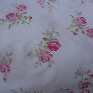 Rachel Ashwell Shabby Chic Pink Raspberry Roses on Pure White 100% Cotton Poplin 106&quot; wide Sold by the yard. Continuous Yardage