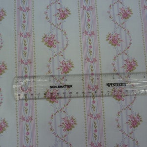A Beautiful Time Shabby Pink Trailing Chic Roses White Wallpaper Stripe 100% Quilt Weight Cotton BTY