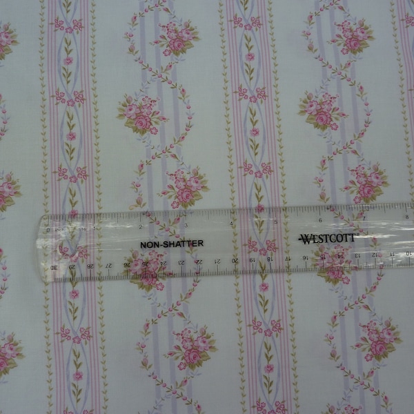 A Beautiful Time Shabby Pink Trailing Chic Roses White Wallpaper Stripe Fabric BTY  RJR Fabrics