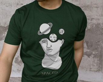 T-shirt espacé | Planètes, T-shirt graphique à tête de statue