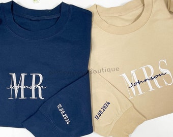 Custom Mrs. Embroidered Sweatshirt, Date On Sleeve, Gift For Bride, Future Mrs. and Mr. Hoodie, Engagement Gift, Bride To Be Wedding Gift