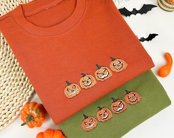 Embroidered Halloween Pumpkin Sweatshirt, Jack-o-Lantern Pullover, Tonal Spooky Season Shirt, Trendy Fall Apparel, Halloween Gift for Him