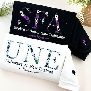 Sudadera con cuello redondo bordada con letras florales personalizadas de la universidad, sudadera con capucha bordada de la hermandad de estudiantes de secundaria de la universidad, regalo de graduación