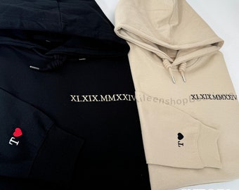 Custom Embroidered Roman Numeral Hoodie, Personalized Date Hoodie Initial on Sleeve, Matching Couples, 1st Anniversary, Valentines Day Gift