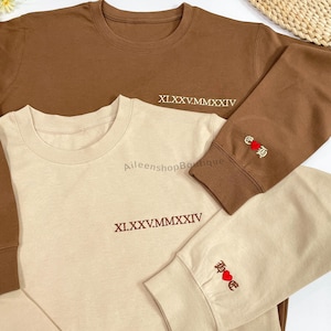 Custom Embroidered Roman Numeral Sweatshirt, Couple Shirt Initial On Sleeve, Anniversary Year, Personalized Date Hoodie, Valentines Day Gift
