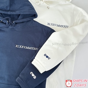 Custom Embroidered Roman Numeral Hoodie, Personalized Date Couple Hoodies with Initial on Sleeve, Anniversary Valentine Gift for the Couple