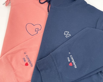 Custom Heart and Puzzle Piece Embroidered Hoodie, Matching Couple Hoodies with Initials on Sleeve, 1st Anniversary, Valentines Day Gift