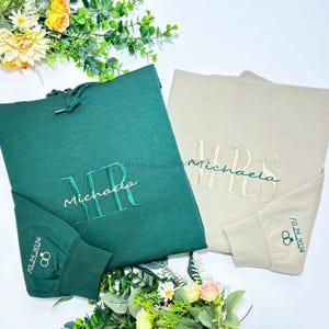 Custom Mrs. Embroidered Hoodie Sweatshirt, Date On Sleeve, MR MRS, Gift For Bride, Future Mrs. and Mr. Hoodie, Engagement Gift, Bride To Be