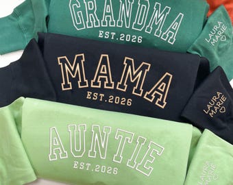 Cute and Trendy Auntie Embroidered Sweatshirt, Custom Auntie Sweatshirt with Kids Name on Sleeve, Christmas Gifts for Aunt,Mama,Grandma