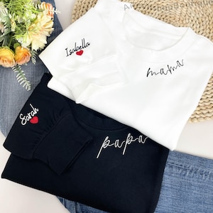 Custom Matching Mama & Papa Sweatshirts with Kids Names on Sleeve, Personalized Embroidered Family Gift for Mothers Day or Fathers Day