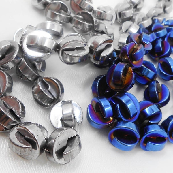 2 Part Pac Man, Interlocking Beads, 10mm Shiny Silver or Blue Color Plated Hematite Beads, Puzzle Beads, Full Strand