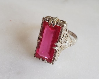Antique 14k White Gold Art Deco Synthetic Ruby Filigree Ring