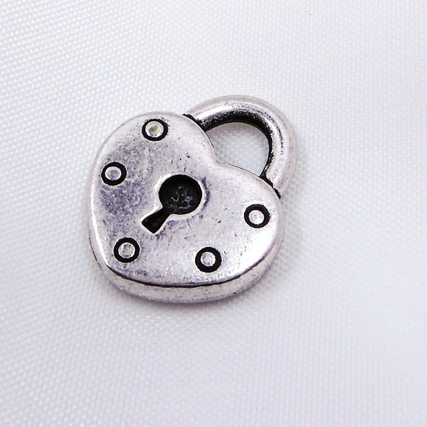 2pc Heart Lock Charm Antiqued Silver Plate 16x14mm - Tierracast - lead-free
