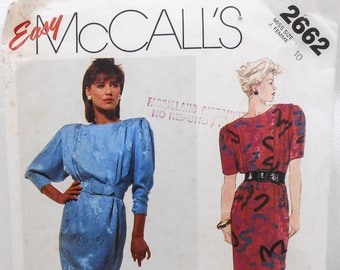 Size 10, McCall's 2662, Liz Claiborne, Vintage Original Tucked Bodice Dress Sewing Pattern, 1980s Dynasty or Dallas Style, Easy to Sew, 1986
