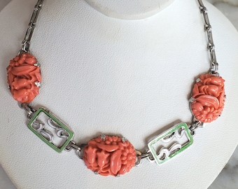 Art Deco Coral Pressed / Molded Glass and Enamel Necklace