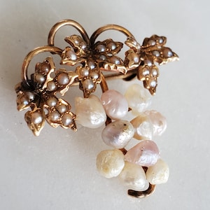 Antique 14k Gold And Natural Pearl Grape Cluster Brooch