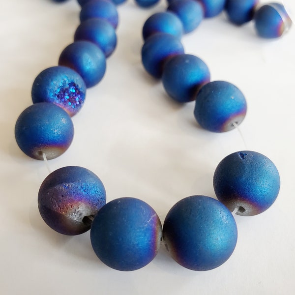 Bright Blue Druzy Quartz Smooth Round Beads - Six or Full Strand