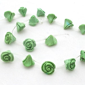 Green Turquoise Hand Carved Rose Flower Beads Full Strand - 10 x 12mm - 20 Beads