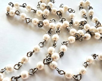 Vintage Faux Pearl Chain 6mm Round Bead and Silvertone Rosary Chain - 38 Inches Closed Loop Necklace