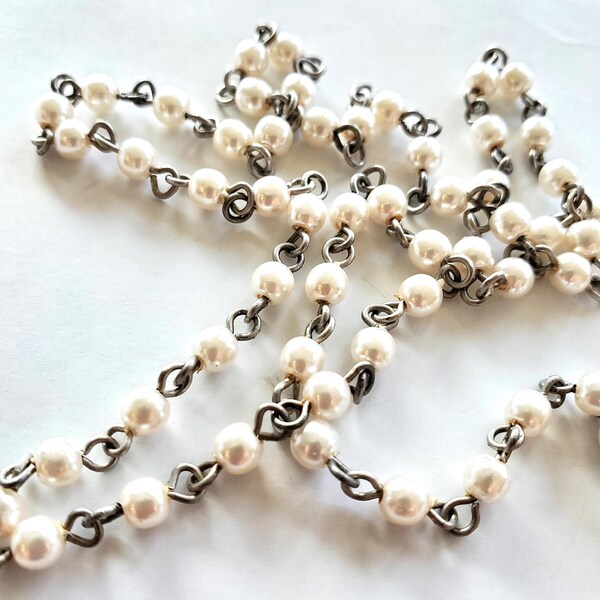 Chaîne de fausses perles vintage de 6 mm, perles rondes et chaîne de chapelet argentée - Collier à boucle fermée de 38 pouces