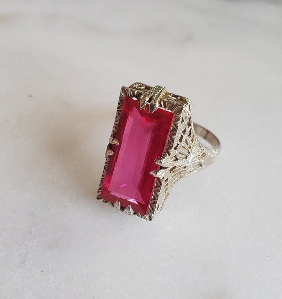 Antique 14k White Gold Art Deco Synthetic Ruby Fil