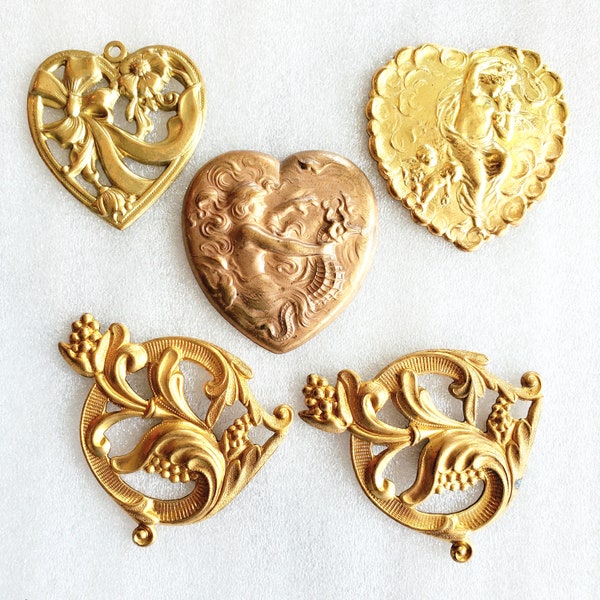 Vintage Brass Stampings Lot - 5 pieces - hearts, flowers with scrolls